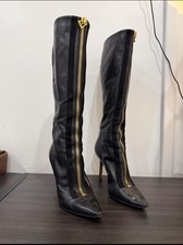 Jimmy Choo Black Knee High Leather Zip Stiletto Boots Pointed Toe EU 35.5