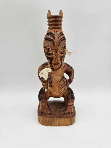 Vintage Hand Carved Wooden Tiki Signed New Zealand Maori Paua Shell Eyes 9 1/2"