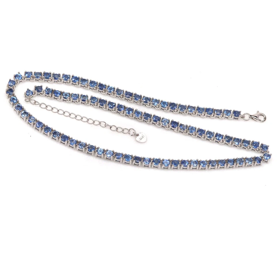 925 Sterlingsilber Weiß Vergoldet 3 Mm Blauer Saphir Halskette 16,0" - Bild 4 von 4