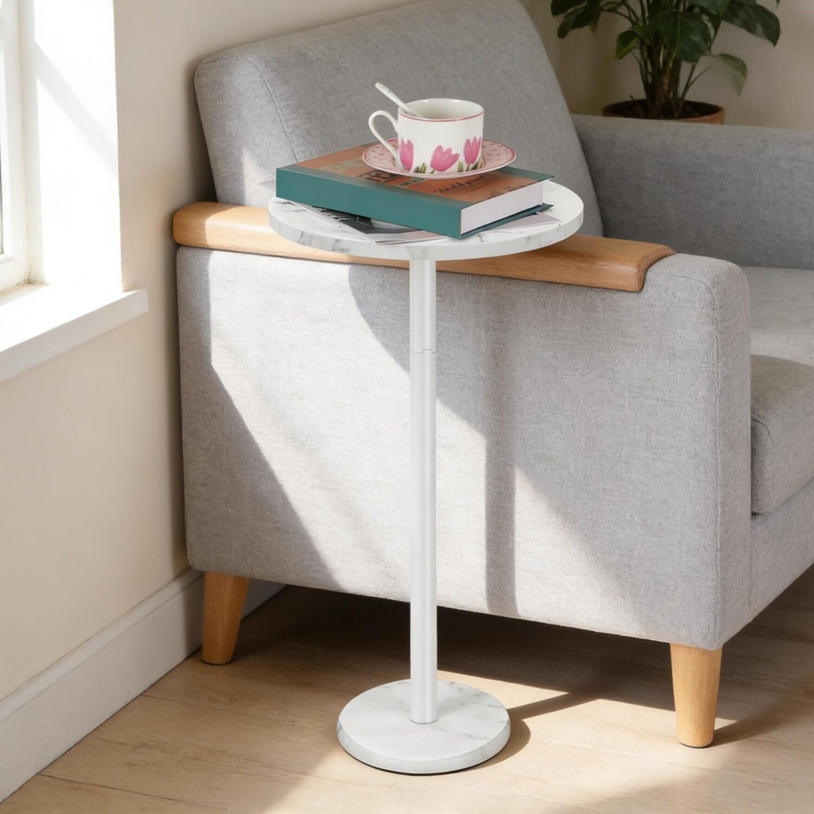 Round End Table with Marble Base Drink Tables for Small Spaces Pedestal Table...