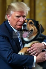 PRESIDENT DONALD TRUMP HUGIGNG & PROTECTING HAPPY DOG COMICAL 4X6 AI PHOTO