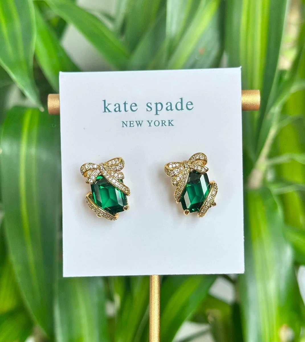 Signed Kate Spade Pave Present Emerald Studs Earrings