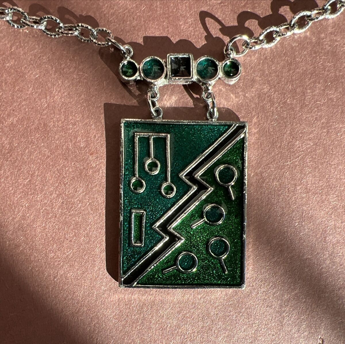 Silver Chain Necklace With Rectangular Green Enam… - image 6