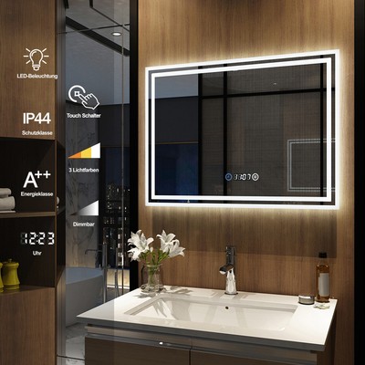 Badezimmerspiegel mit Beleuchtung 80x60 Led Uhr Touch Badspiegel
