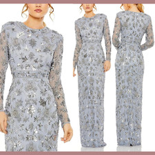 NWT Mac Duggal  14  93939 High Neck Long Sleeve Embellish Gown Slate Blue Q882