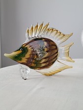 Large 10" Art Glass Tropical Fish Green Metallic Gold Hand Blown Murano-Style