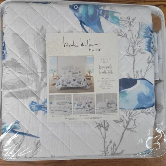 Nuevo-Juego de edredón náutico Nicole Miller 9 piezas King-Funsas/Hojas/Almohadas de tiro-¡BONITO! Foto 2 de 4