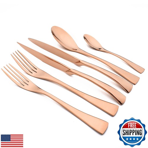 Snplowum 24-Piece Copper Flatware, Mirror 18/10 Stainless Steel Modern and Lu