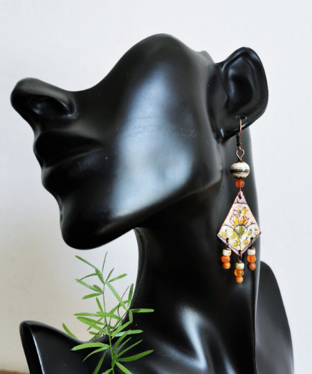 Boucles d'oreilles en cuivre véritable émaillé à la main, création rustique - 4