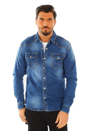 Camicia Jeans Uomo Slim Fit Blu Denim Manica Lunga Casual S M L XL XXL |  eBay