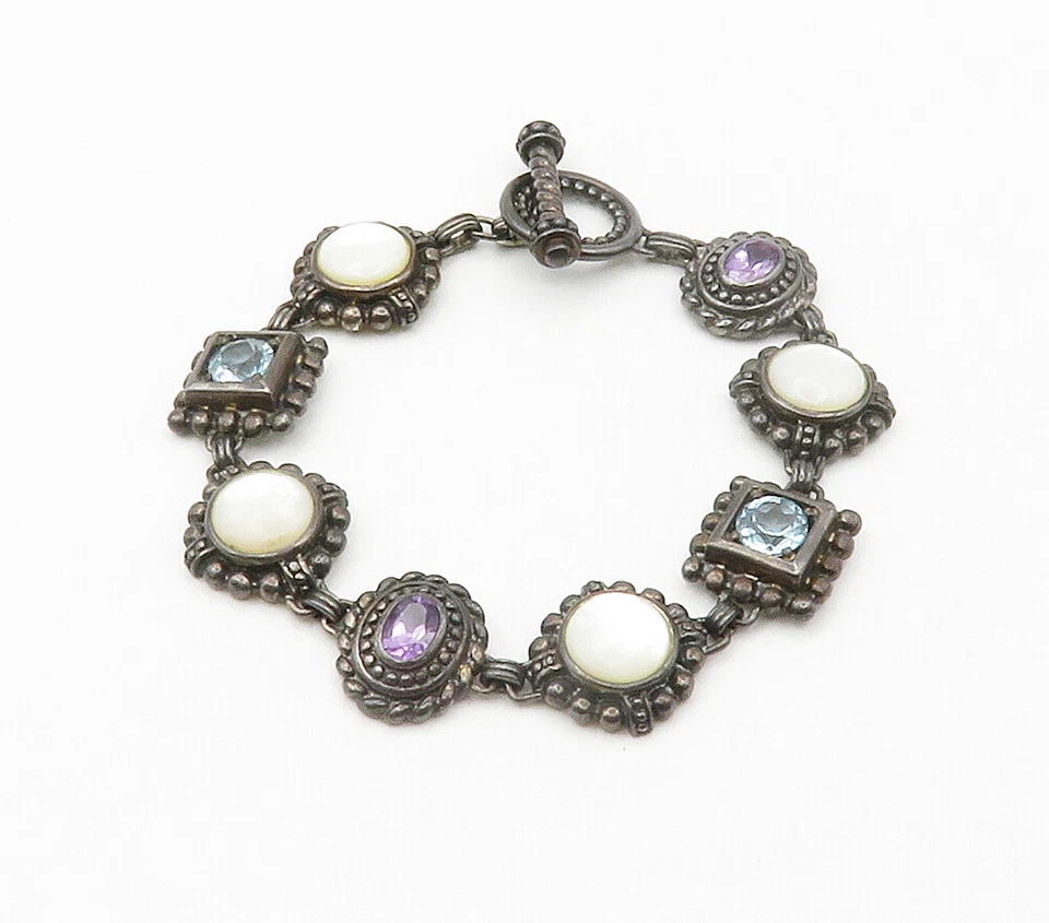 925 Silver  Vintage Mother Of Pearl Amethyst & Topaz Chain Bracelet  BT5975 - Image 2 of 4