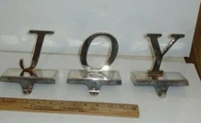 JOY Set Of 3 J-O-Y Christmas Stocking Holder Hanger Hook Holiday Silver Metal