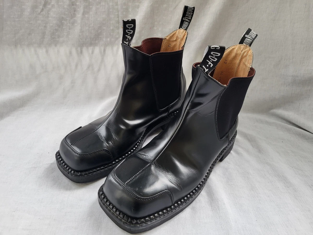 Men’s Rare John Fluevog Mateo Black Leather Square Toe Chelsea Boots John Fluevog boots with a wild sculptural heel. They main image 3