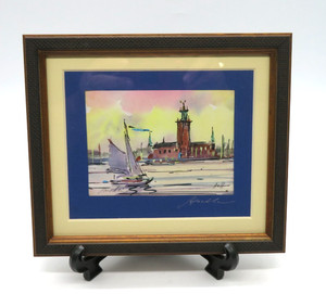 VTG ART Watercolor on Paper Boat Waterscape Framed matted Glass Signed Artist