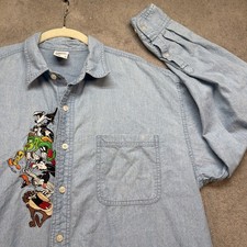Vintage 90s Warner Bros Denim Shirt Looney Tunes Embroidered Large