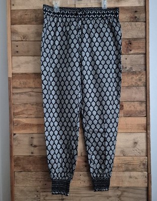 Devi Designs India Boho Jogger Tapered Harem Pants Sz M Black Cotton Leaf Print