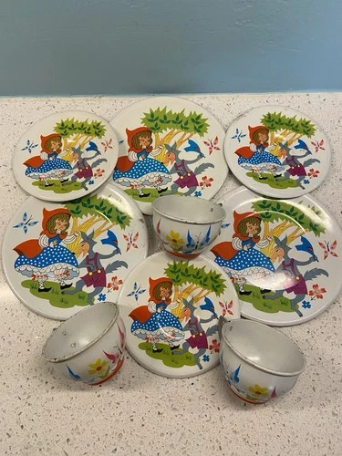 Vintage Ohio Art Red Riding Hood Big Bad Wolf Tin Toy Child Plate Tea Set 9 Pc