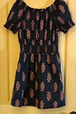 J.CREW Dress XS Navy Pink Floral Smocked 100% Cotton A-Line Pockets Lined
