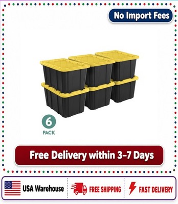 Sterilite 27 Gal Large Storage Bin Tote Snap-On Lid Black Yellow 6 Pack NEW !!