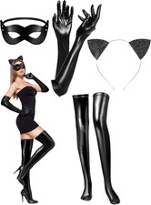 4 Pcs Cat Costume Set, Eye Mask Ears Gloves Stockings, Black
