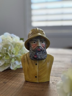 Vtg E Coast Boat Captain Fisherman Chalkware Bust Figurine Yellow Rubbers Japan