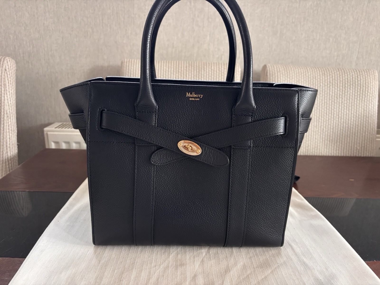 Mulberry Small Zipped Bayswater Black Pebbled Leather Bag, Strap, Dust Bag