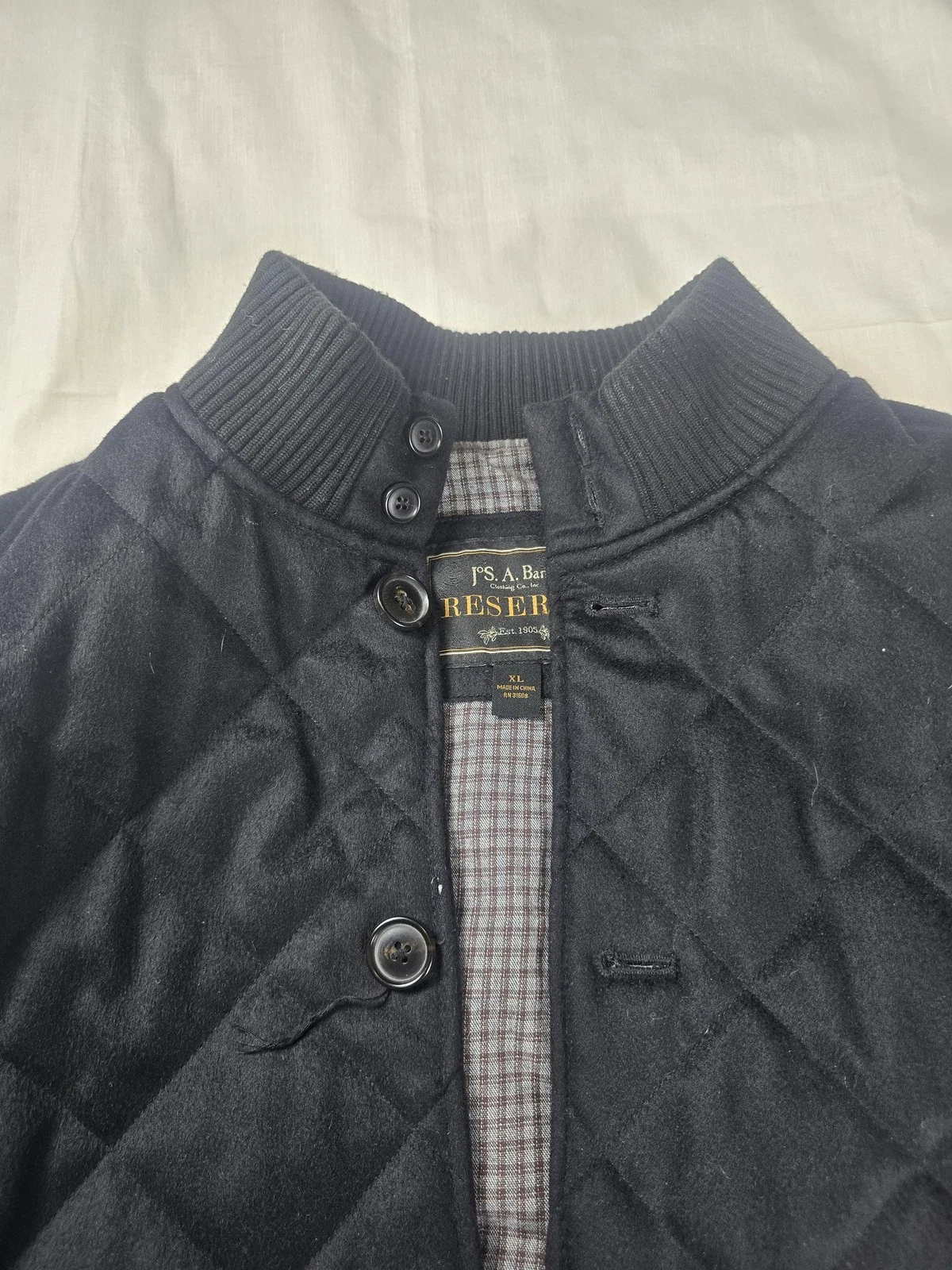 Jos. A. Bank Vest Mens XL Black Quilted Wool Cashmere Reserve Button Bomber