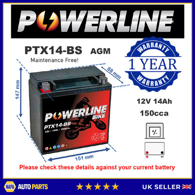 PTX14-BS Powerline AGM Motorradbatterie 12V 14Ah ersetzt YTX14-BS