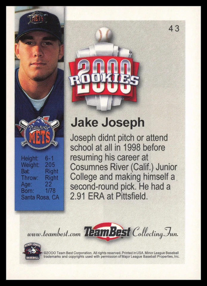 2000 Team Best Rookies #43 Jake Joseph Pittsfield Mets Silver Baseball Card - Image 2 of 2