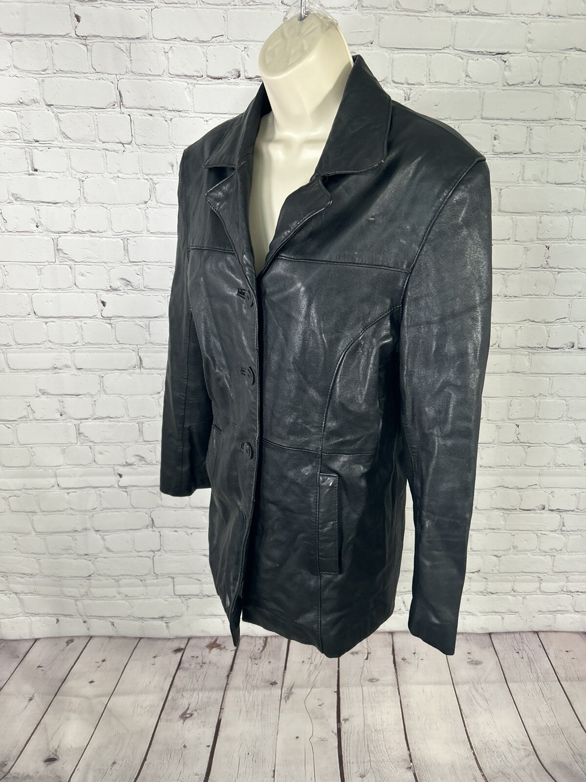 Accents By Comint Solid Black Button Up Genuine L… - image 3