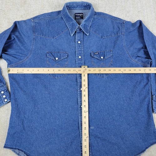 Vintage Wrangler Western Denim Shirt Mens 2XL 19-35 Big Blue Pearl Snap USA - Picture 3 of 10