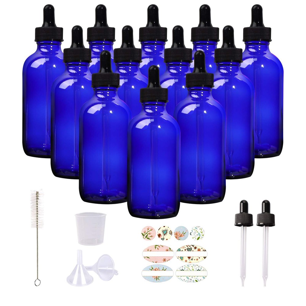 12 Pack 4oz Cobalt Blue Glass Bottles with Glass Eye Droppers for Essential O...