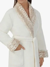 Carole Hochman Robe Womens Medium White Leopard Mid Length Shawl Collar Faux Fur
