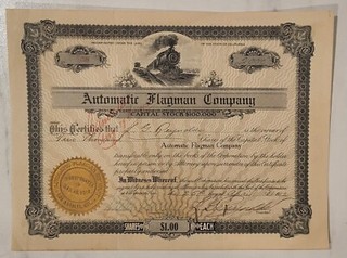 Stock Certificate 1912 California Automatic Flagman Company Train Railroad