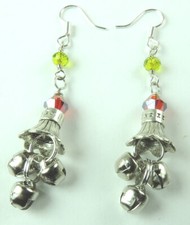 CHRISTMAS Jingle Bell Earrings with Red  Green Crystal Handcrafted