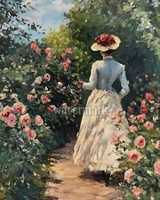 Victorian woman in a garden with roses oil Painting 8x10 Print 