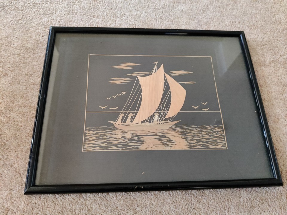 Antique Pair of Straw Folk Art Wall Art Oriental Style Black Frames