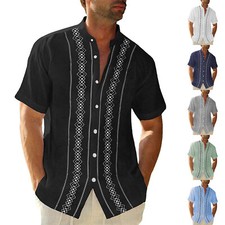Men's Vintage Button Down Bowling Shirts Short Sleeve Solid Summer Beach Shirt