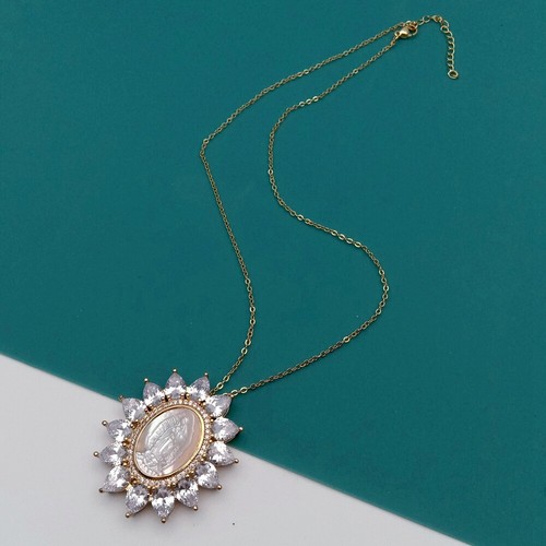 17.5" White Shell Virgin Mary Clear CZ Micro Pave Oval Shape Pendant Necklace - Picture 6 of 6