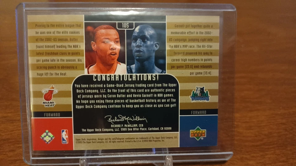 2002-03 INSPIRACIONES DE CUBIERTA SUPERIOR KEVIN GARNETT Y CARON MAYORDOMO JUEGO CAMISETA... Foto 3 de 3