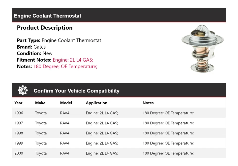 Para Toyota RAV4 1996-2000 2L L4 GAS Motor Refrigerante Termostato Puertas 1997 1998 Foto 2 de 4