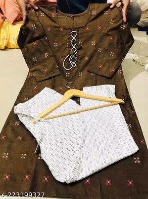 South Indian Woman/Girls Khadi Cotton Printed Office Wear Kurti With Pant Set