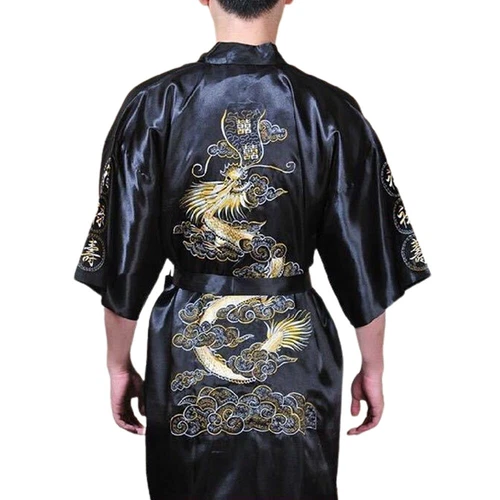 Men Satin Chinese Dragon Kimono-Silk Bathrobe Pajamas Sleepwear Gown Bath Robe - Imagen 27 de 52