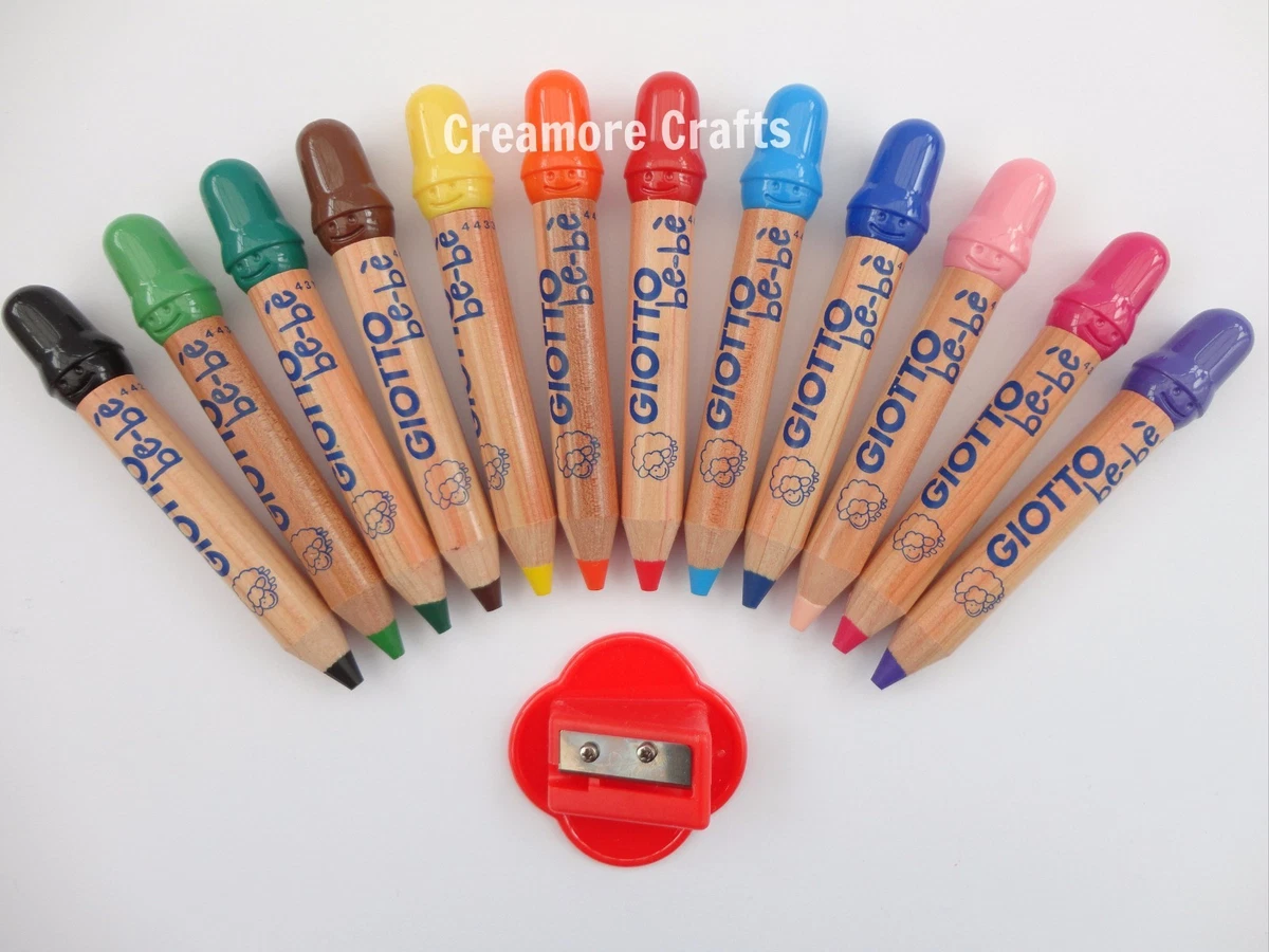 12 x GIOTTO BE-BE JUMBO CHUNKY WOOD COLOURING PENCIL CRAYONS & SHARPENER  BEBE