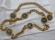 Vintage Omega Gold Plated 40  Chain Link with Faux Roman Pewter Coins Belt