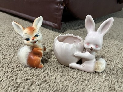 Vintage Enesco Inarco Bunny Rabbits Figurine Egg Cup Pink Ceramic Fur Tail Japan