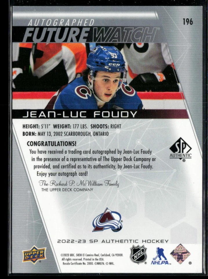 2022-23 SP Authentic #196 Jean-Luc Foudy RC 193/999 - Image 2 of 2