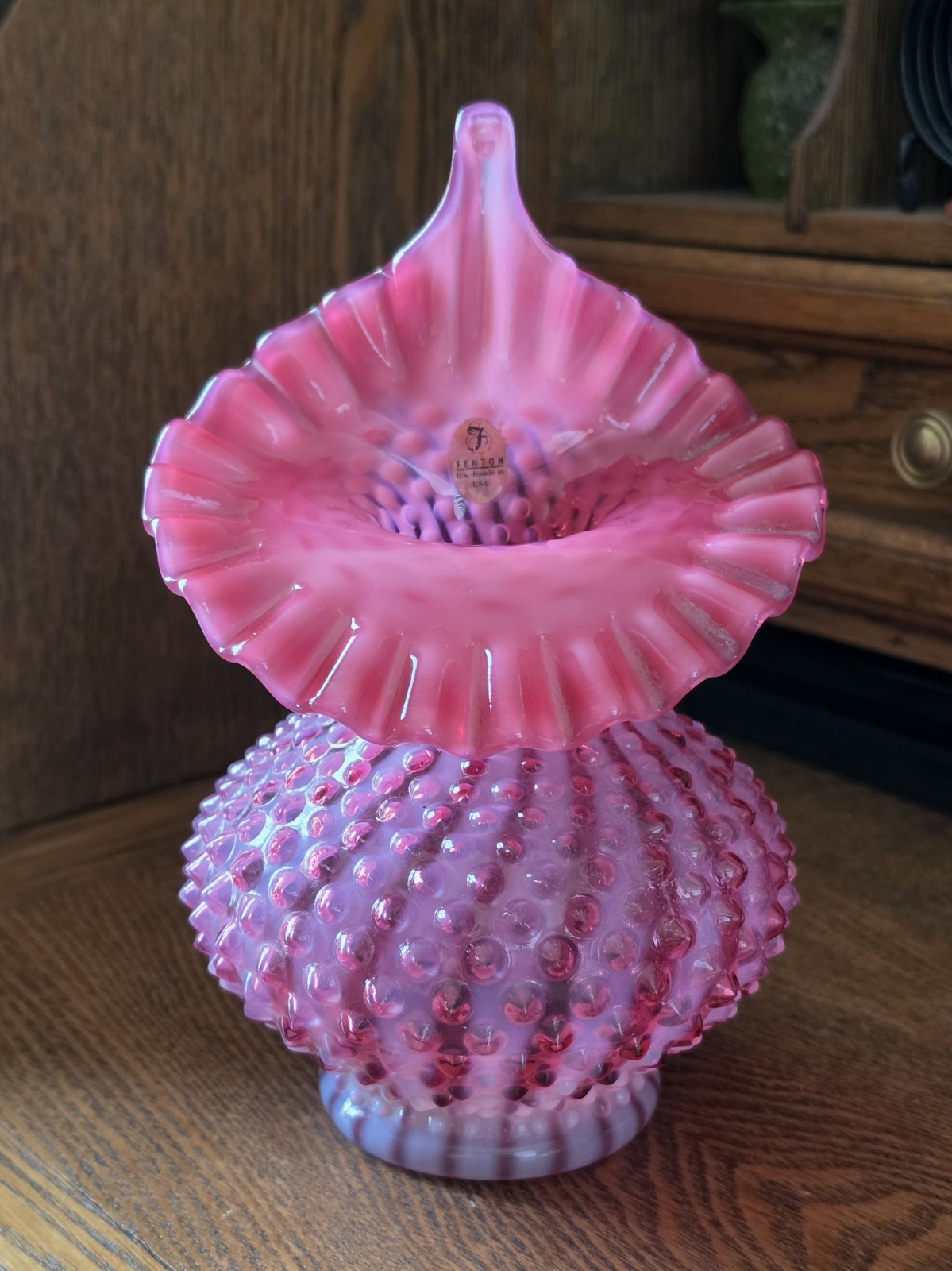 Fenton Cranberry Opalescent Spiral Optic Hobnail Jack In Pulpit Vase