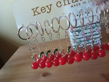 Cherry Key Chain Red Gold Green Beaded Metal Plastic Women Modern Fruit Charm