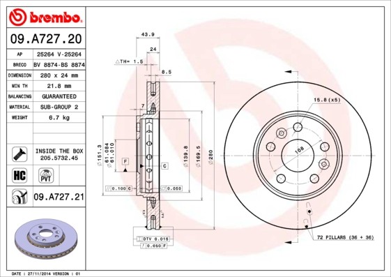 Disque de frein Brembo 09.A727.21 anti vibration pour éliminer le sifflement